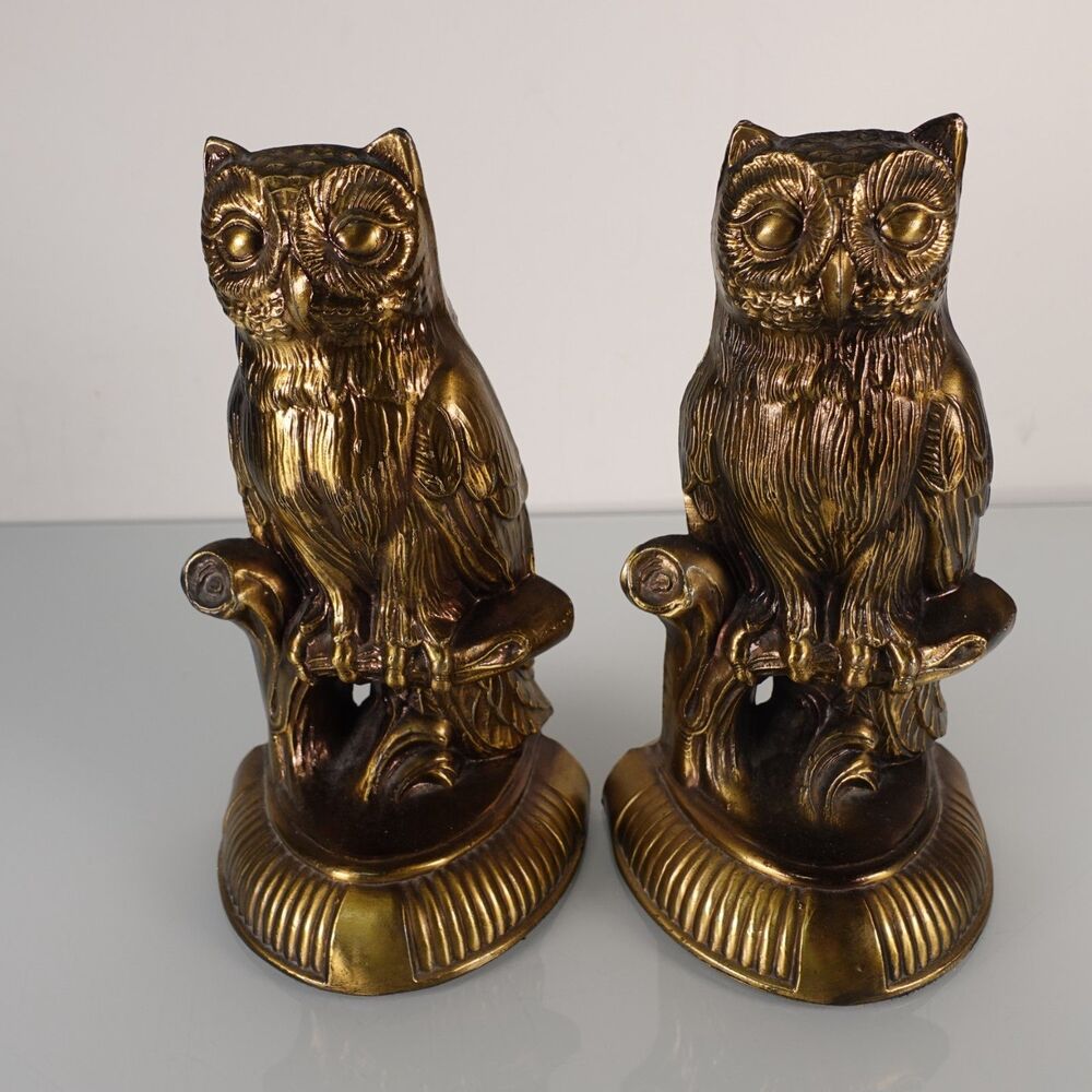Vintage Owl Figurine Brass Patina 8" Bookends 1974 SCC Cast Metal Brass Finish